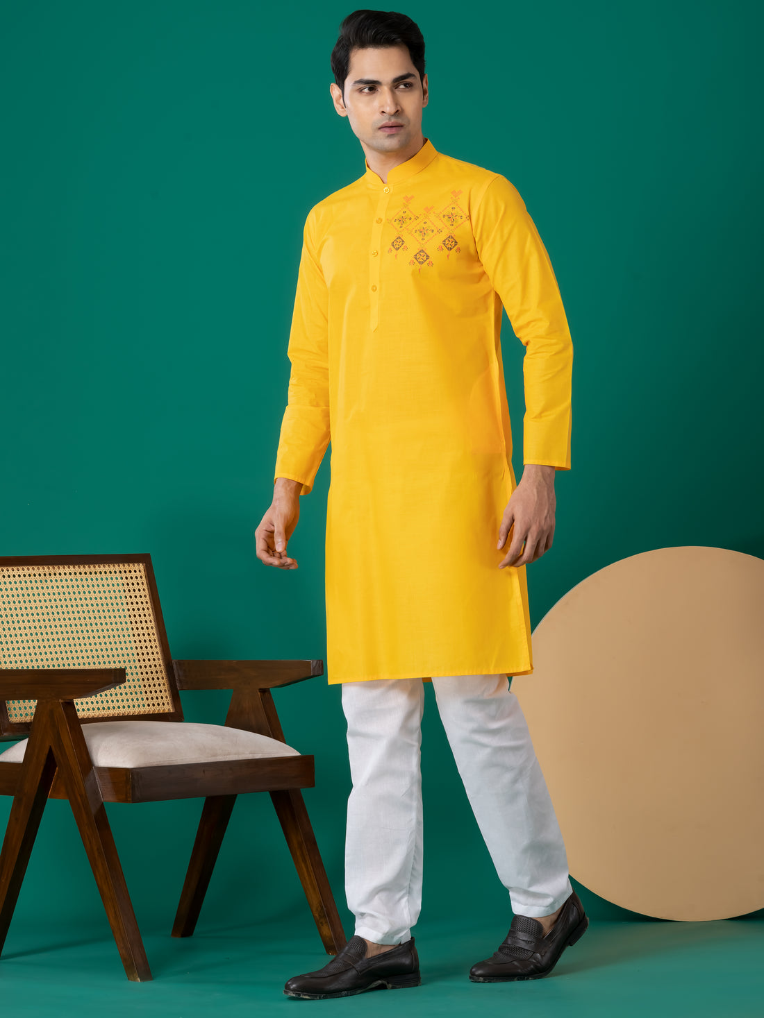 Mens Yellow Printed Kurta Pyjama Set