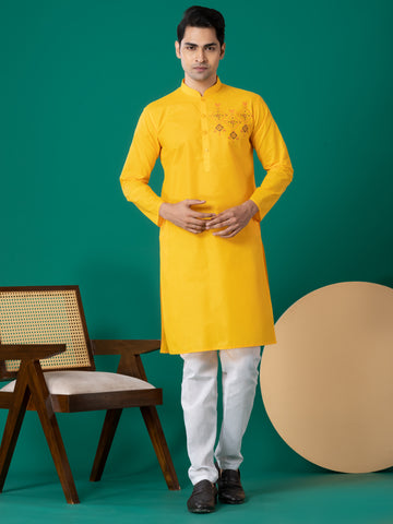 Mens Yellow Printed Kurta Pyjama Set