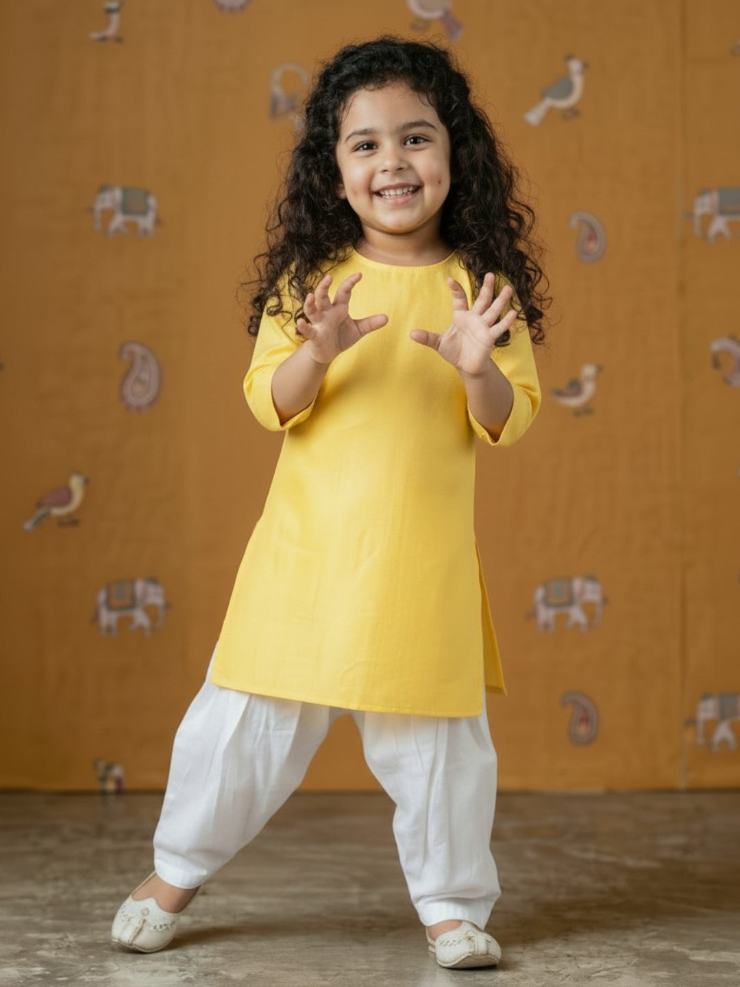 [DGKS-MG-RN] Girls Yellow Solid Cotton Kurti Set