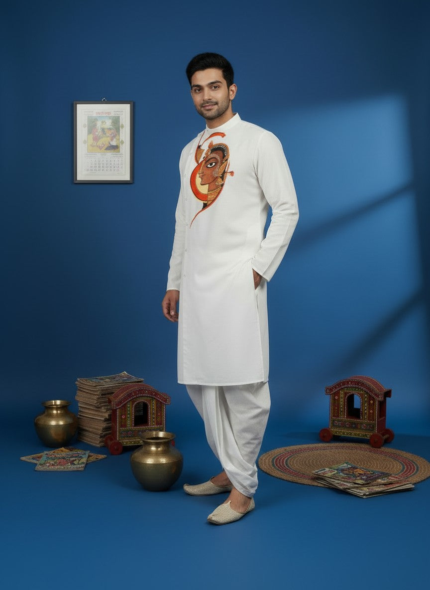 Men's White Cotton Kurta with Dhoti Set – Ethnic Print & Side Placket