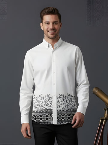 [DS-MGSP] Men's White Ethnic Printed Cotton Shirt