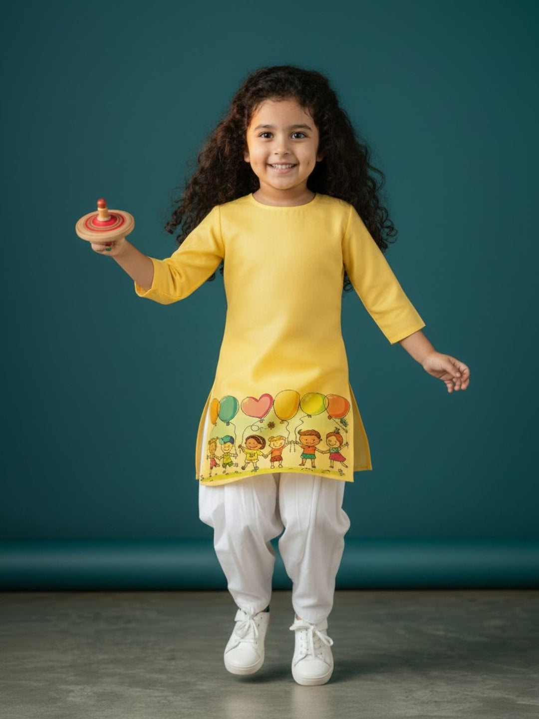 [DGKS-MGSP-RN] Girls Yellow Ethnic Motifs Printed Cotton Kurti Set