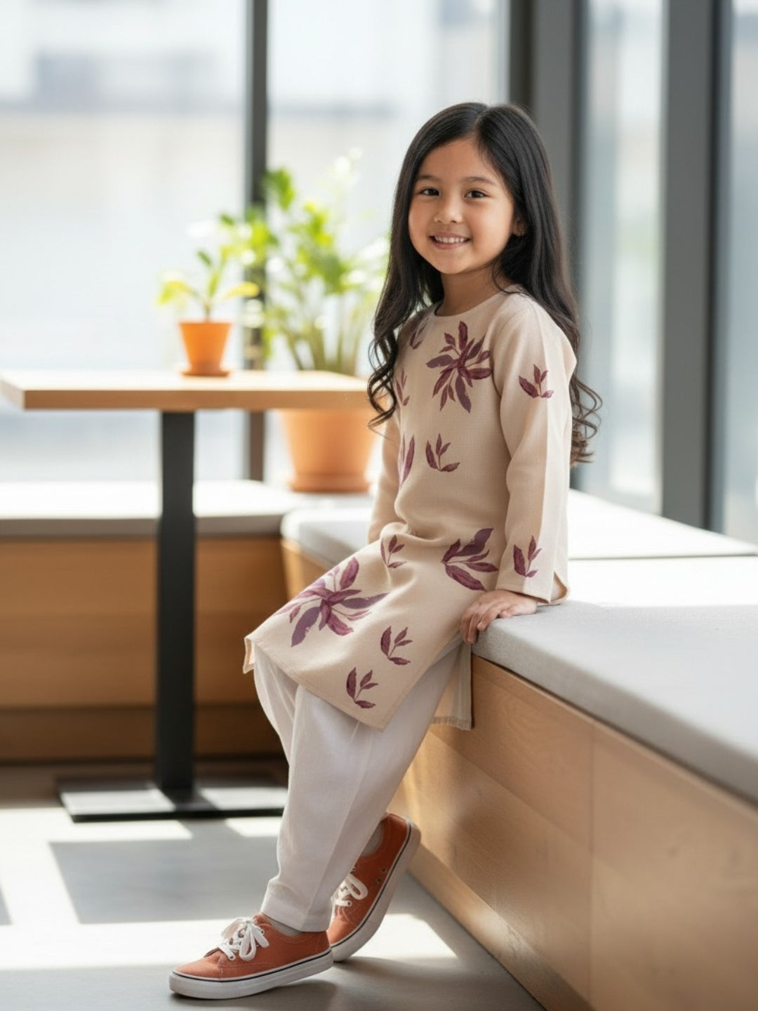 [DGKS-MGSP-RN] Girls Beige Ethnic Motifs Printed Cotton Kurti Set