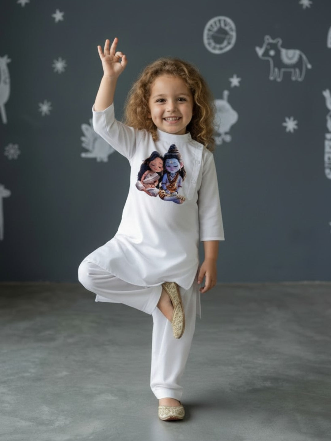 [DGKS-MGSP-B] Girls White Ethnic Motifs Printed Cotton Kurti Set