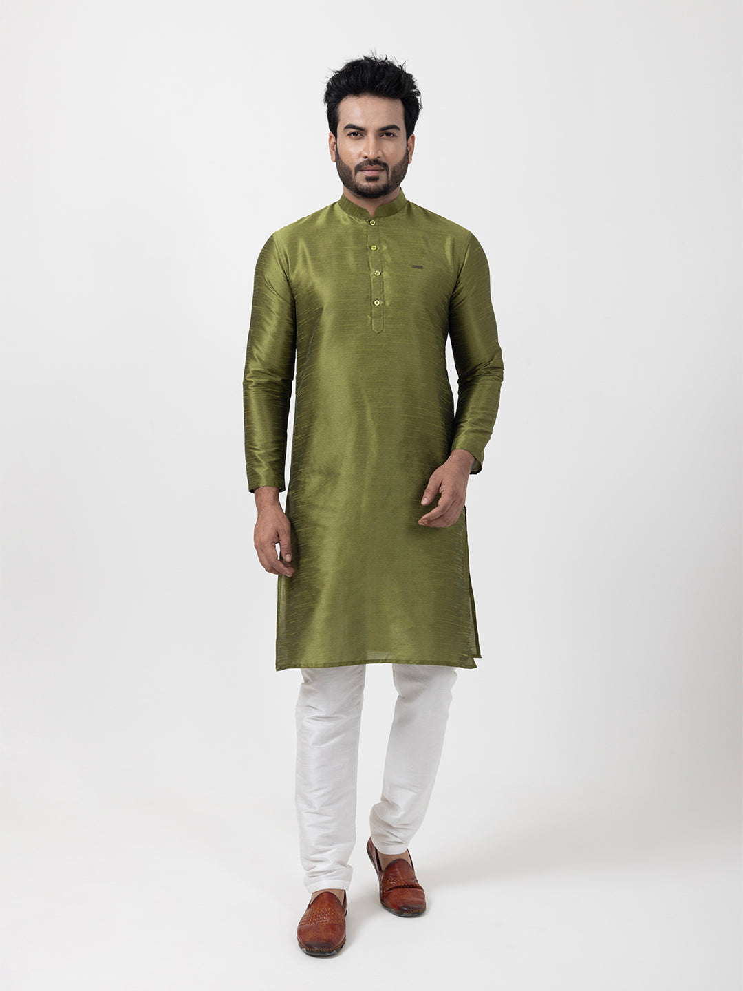 Woven Design Band Collar Dupion Silk Straight Kurta With Pyjama Set