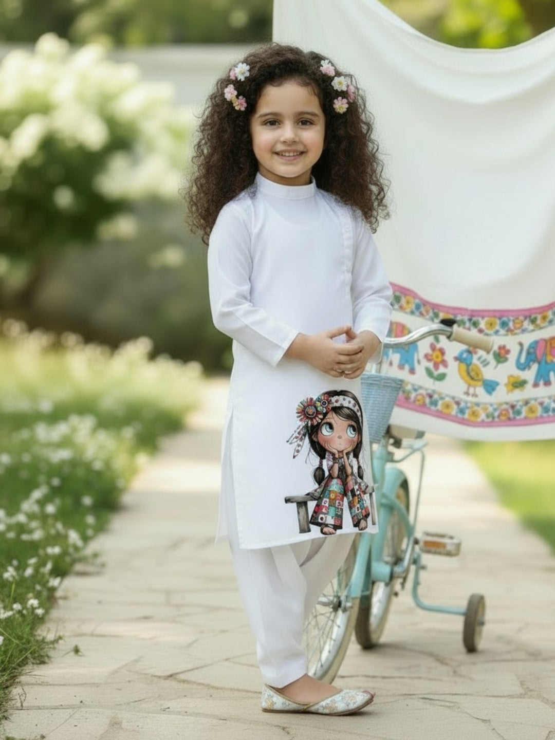 [DGKS-MGSP-B] Girls White Ethnic Motifs Printed Cotton Kurti Set