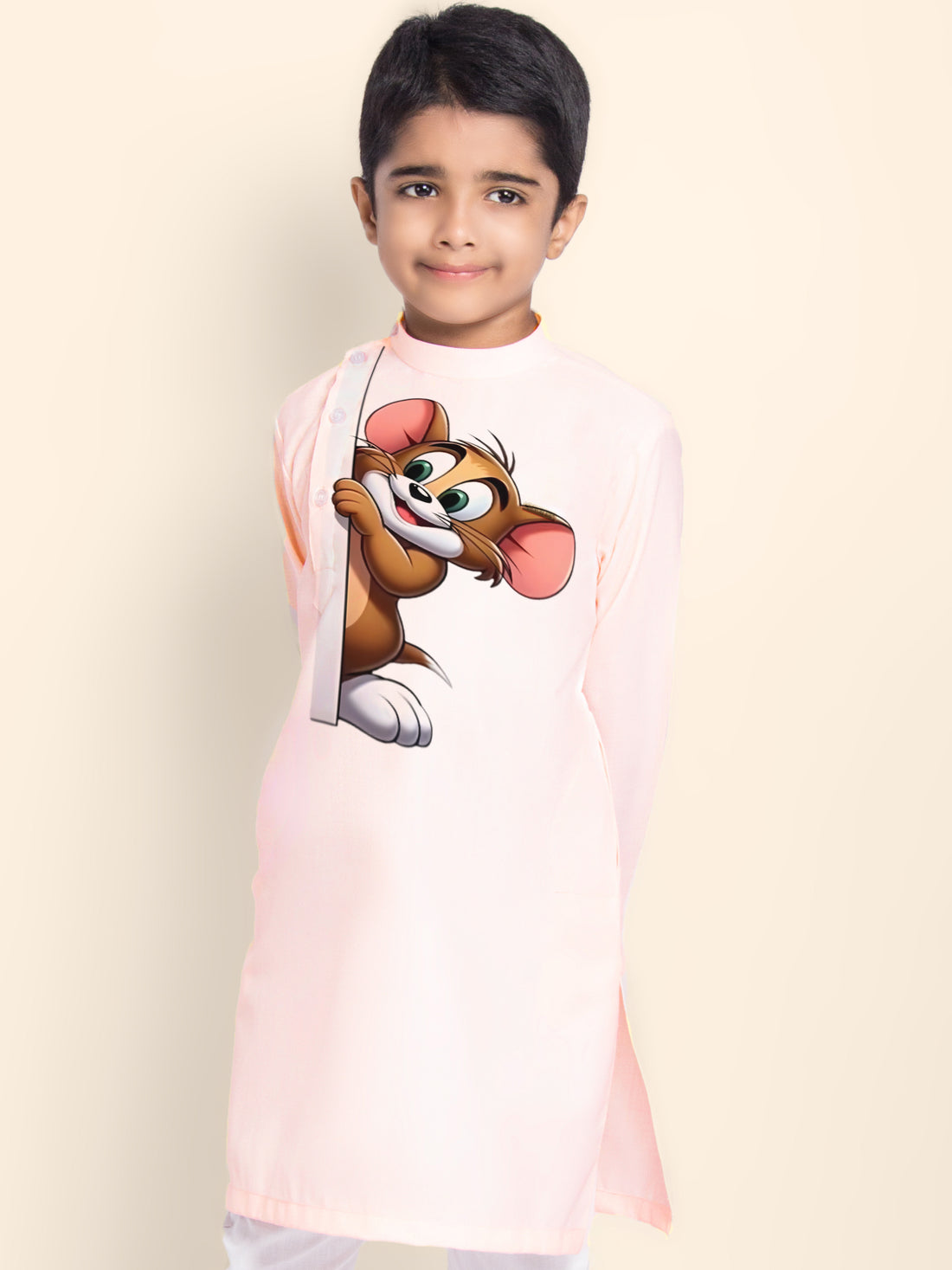 Boys Pink Cotton Kurta Pyjama with Print