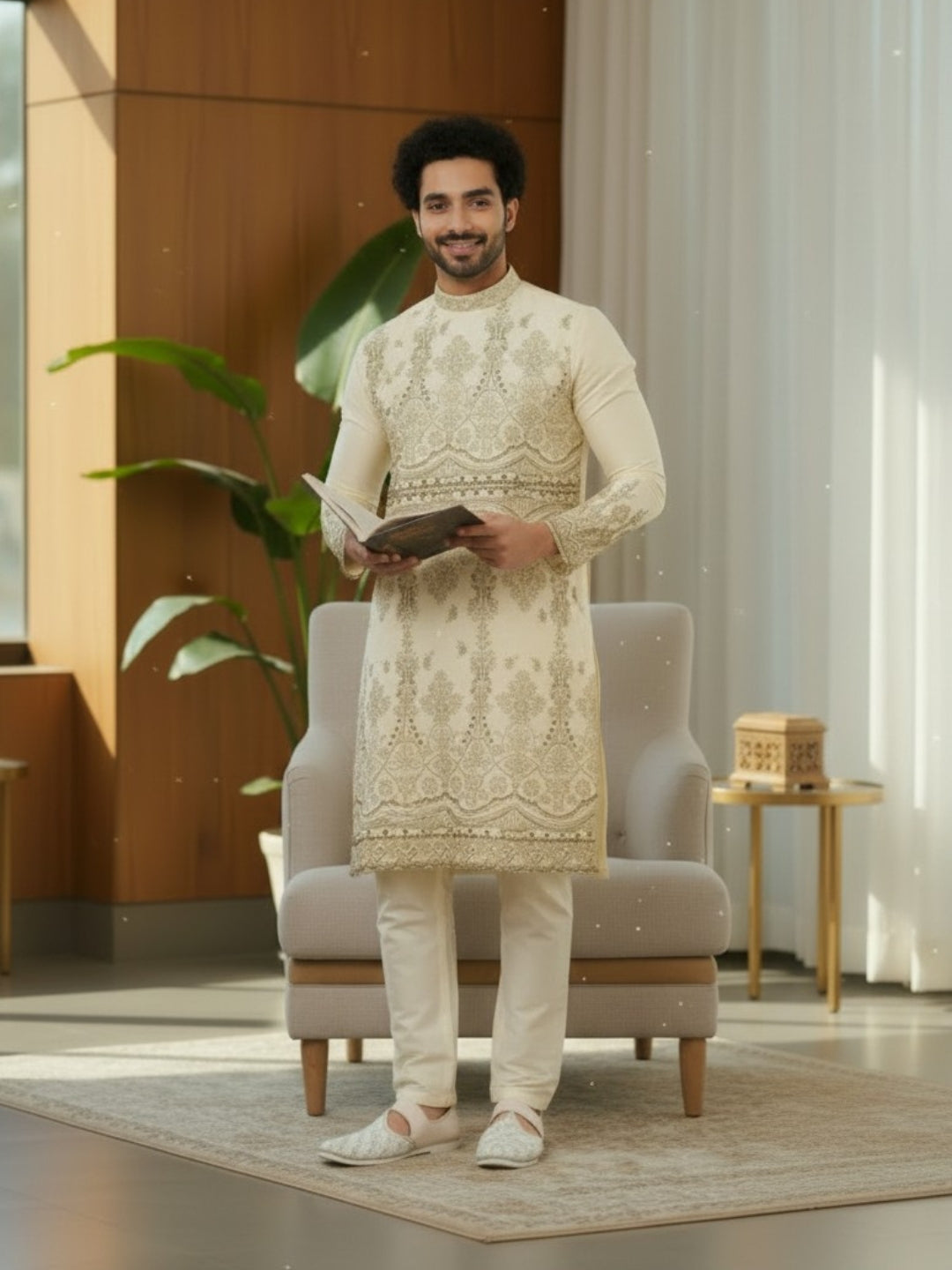 [MGSP-B] Men's Beige Ethnic Print Side Placket Cotton Kurta Set
