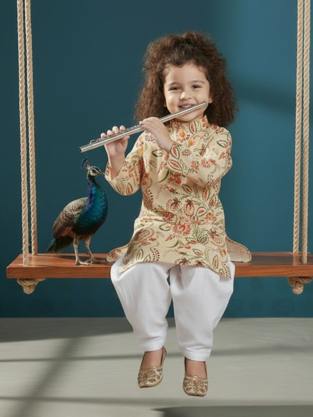 [DGKS-MGSP] Girls Beige Ethnic motifs Printed Cotton Kurti Set