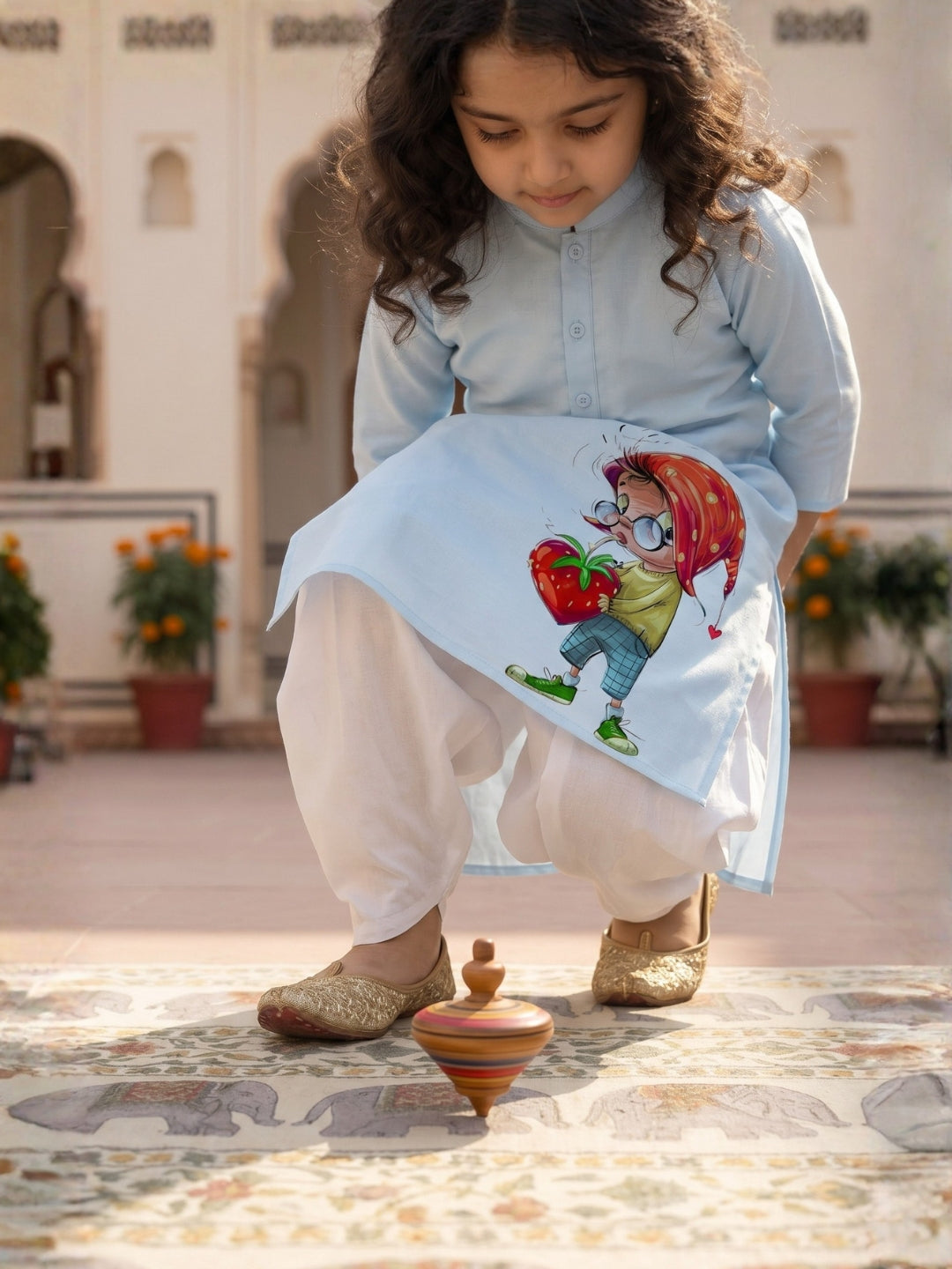[DGKS-MGSP] Girls Sky Blue Ethnic Motifs Printed Cotton Kurti Set