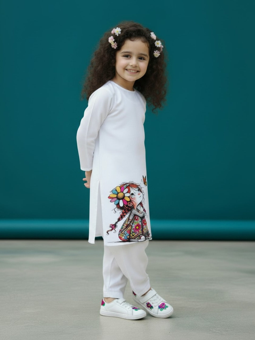 [DGKS-MGSP-RN] Girls White Ethnic Motifs Printed Cotton Kurti Set