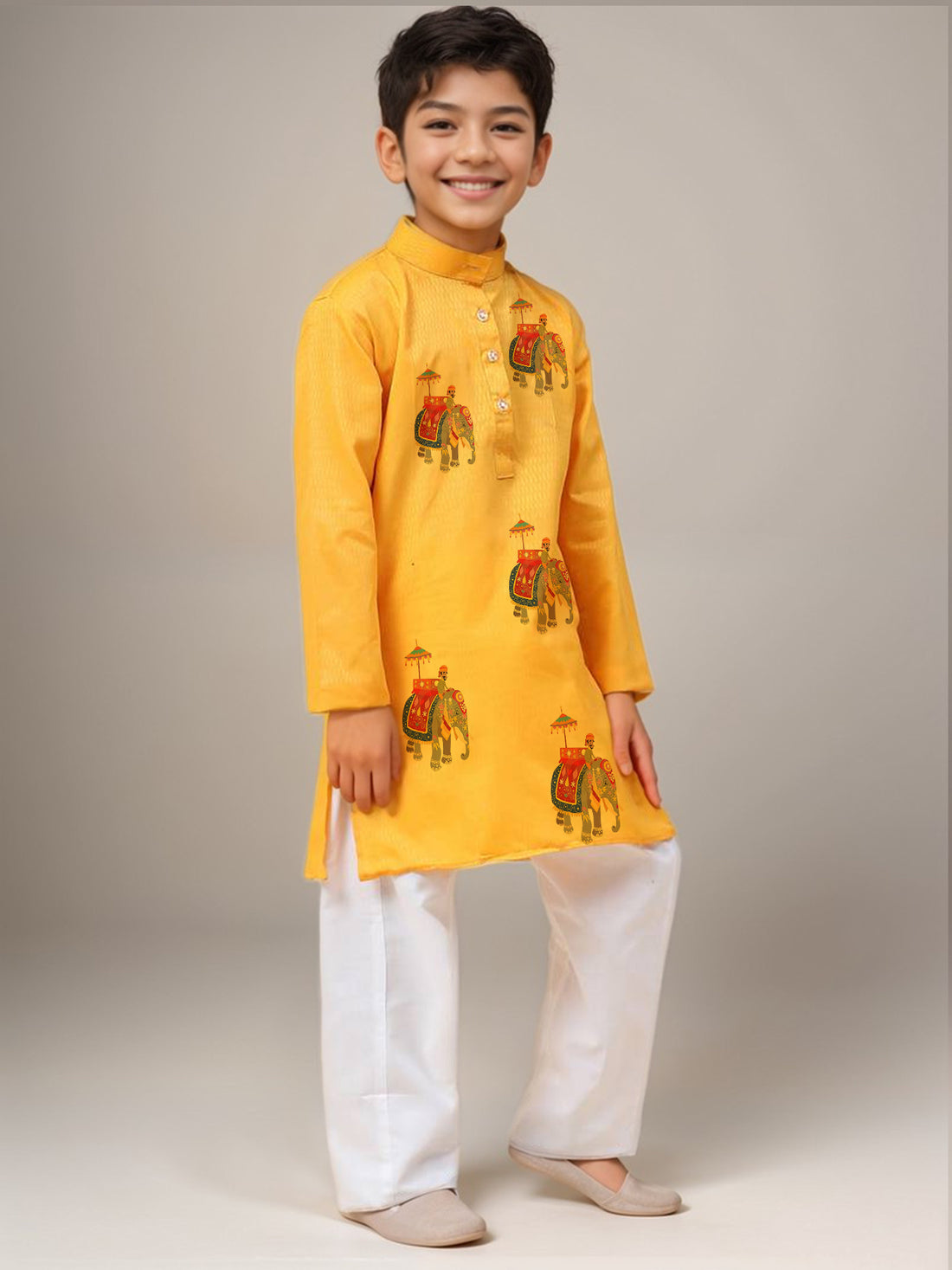 Boys Yellow Printed Kurta with Pyjama Set