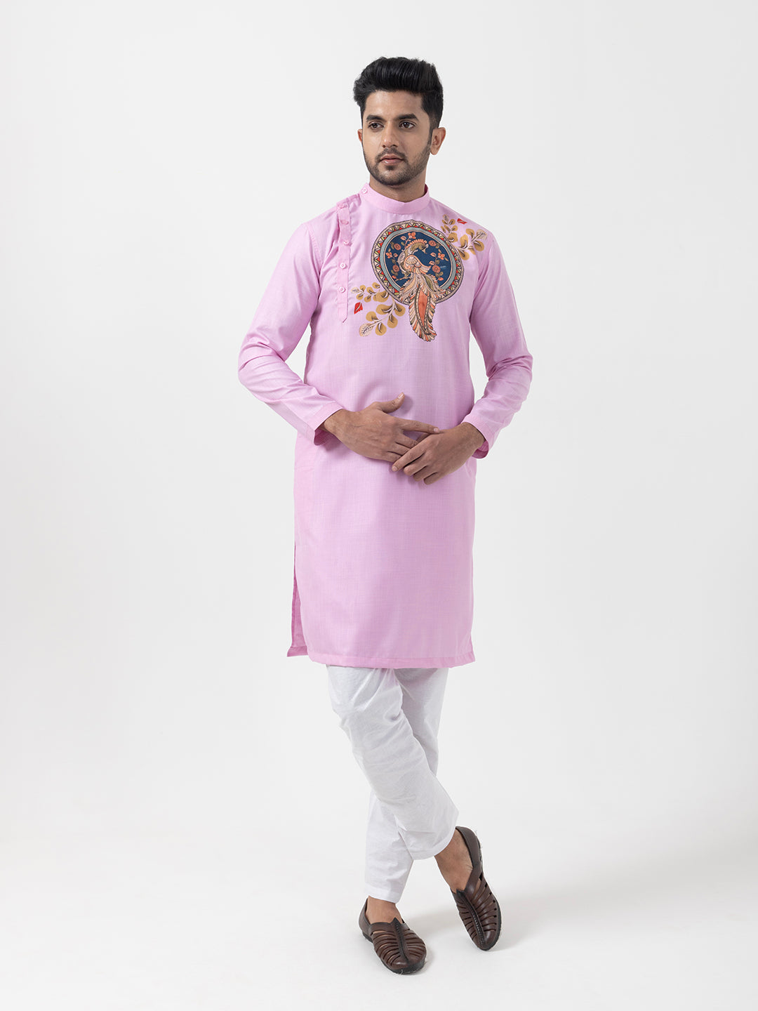 Mens Pink Printed Kurta With Pyjama Set