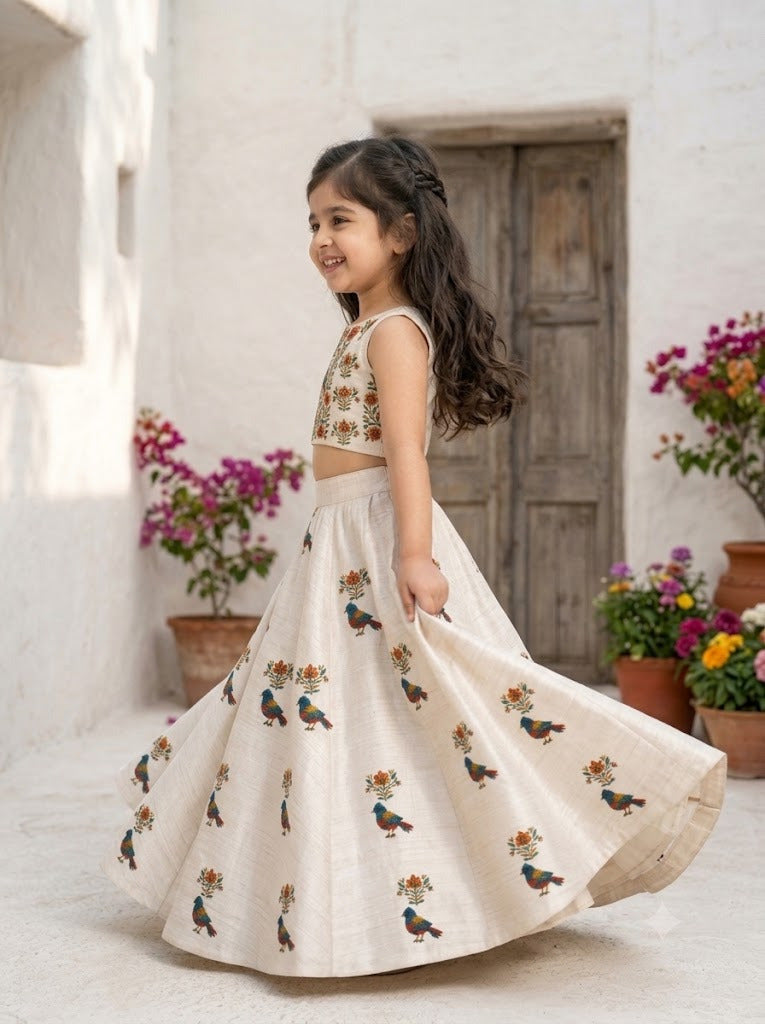 Girls' Off-White Art Silk Lehenga Set – Printed