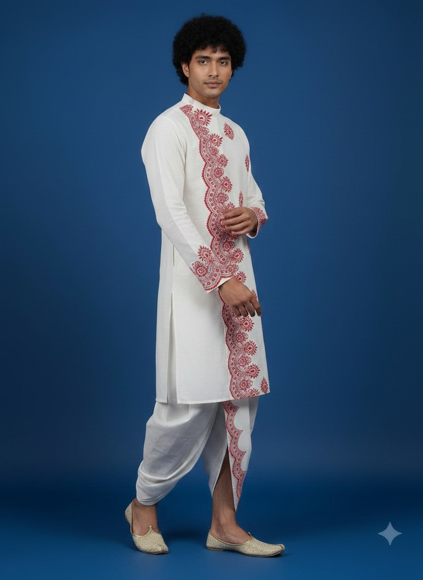 Men's White Cotton Kurta with Dhoti Set – Ethnic Print & Side Placket