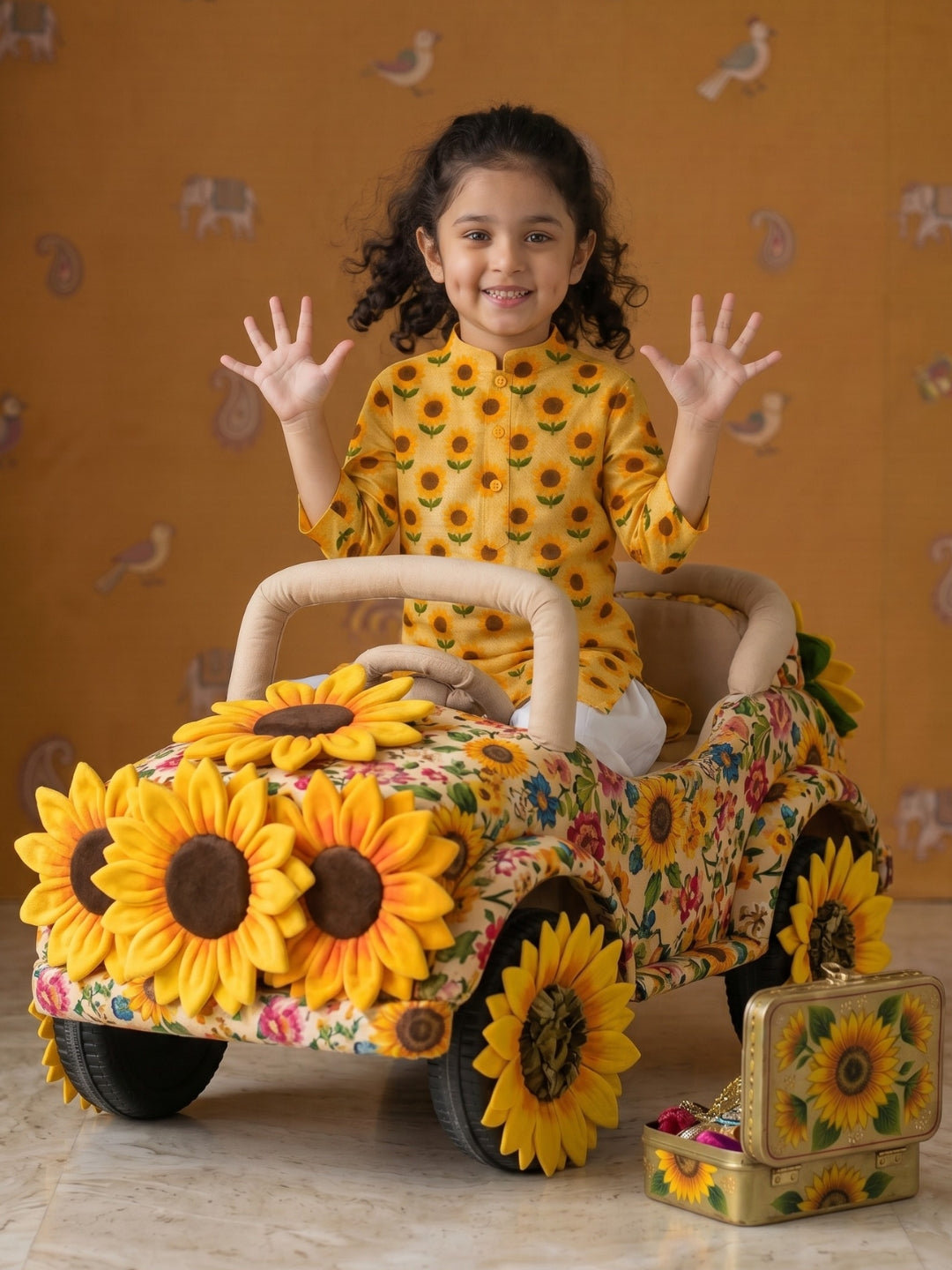 [DGKS-MGSP] Girls Yellow Ethnic Motifs Printed Cotton Kurti Set