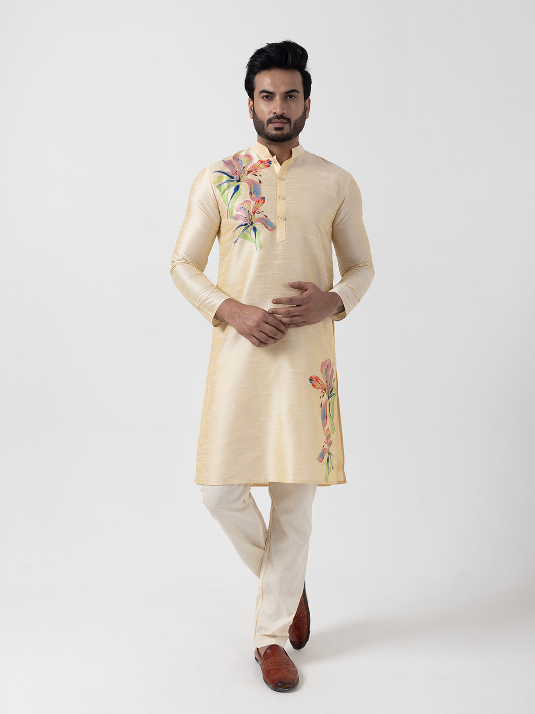 Mens Beige Printed Kurta Pyjama Set