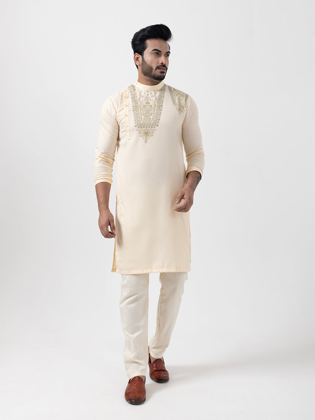 [MGSP-B] Men's Beige Ethnic Print Side Placket Cotton Kurta Set