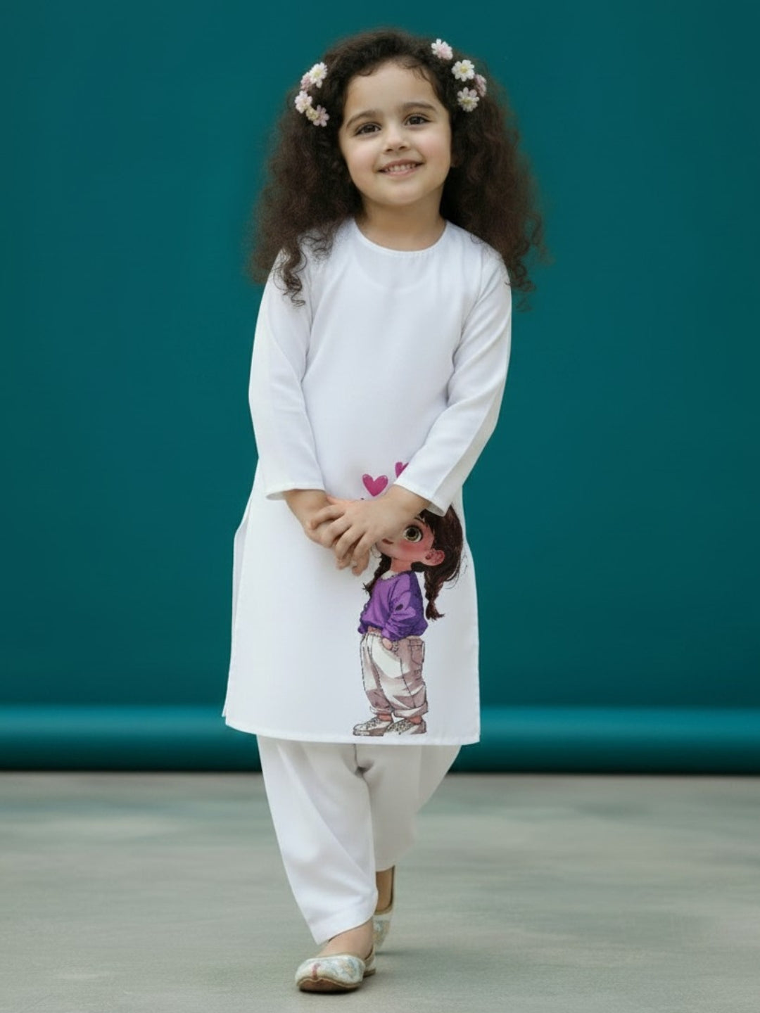 [DGKS-MGSP-RN] Girls White Ethnic Motifs Printed Cotton Kurti Set