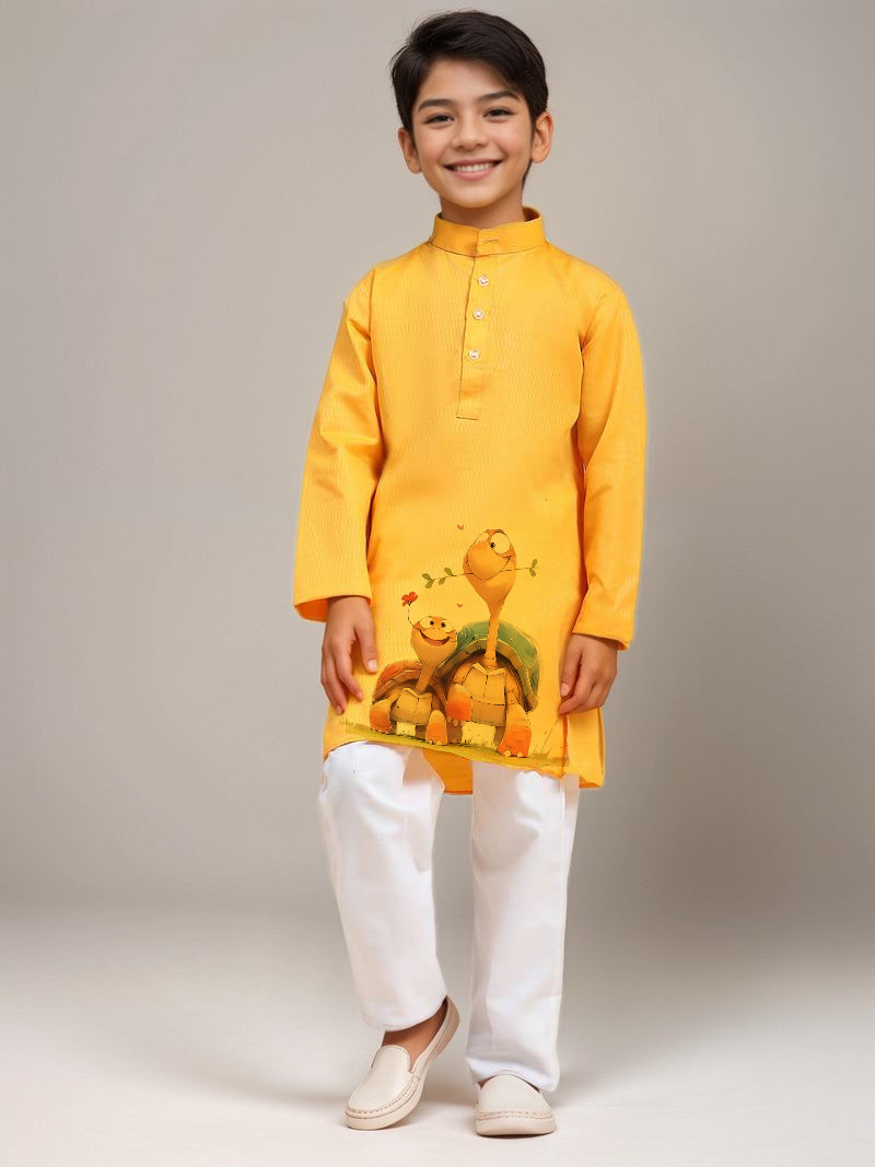 Boys Yellow Printed Kurta with Pyjama Set