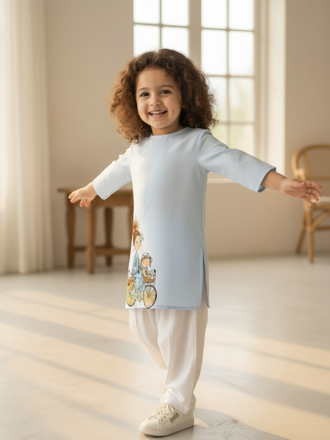 [DGKS-MGSP-RN] Girls Sky Blue Ethnic Motifs Printed Cotton Kurti Set