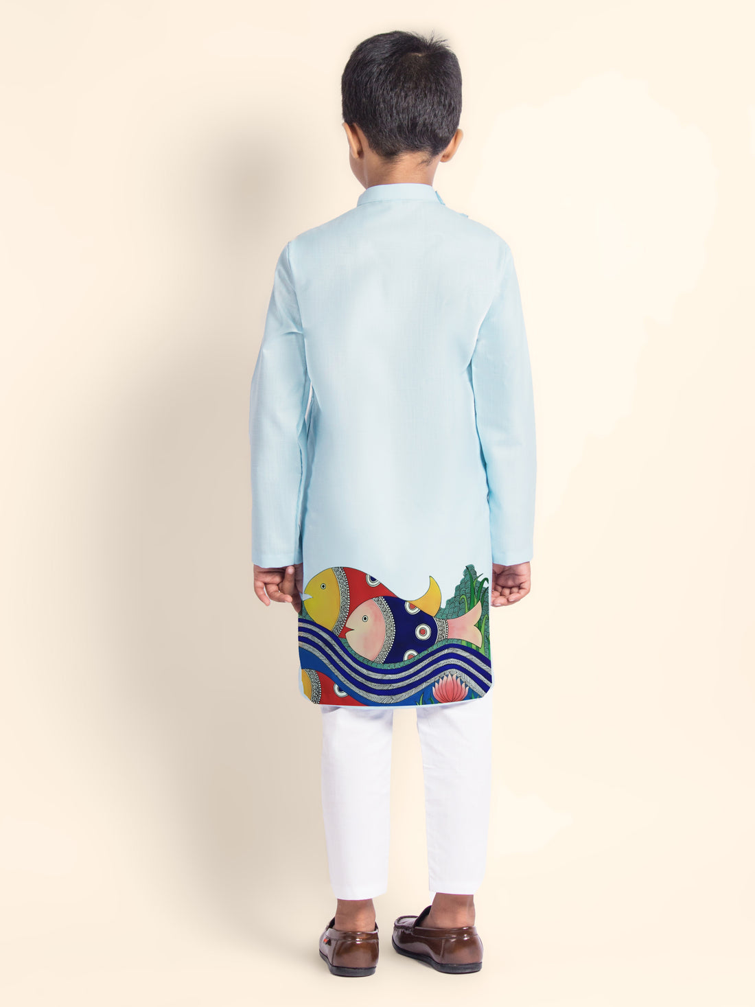 Boys Sky Blue Printed Kurta With Pyjama Set