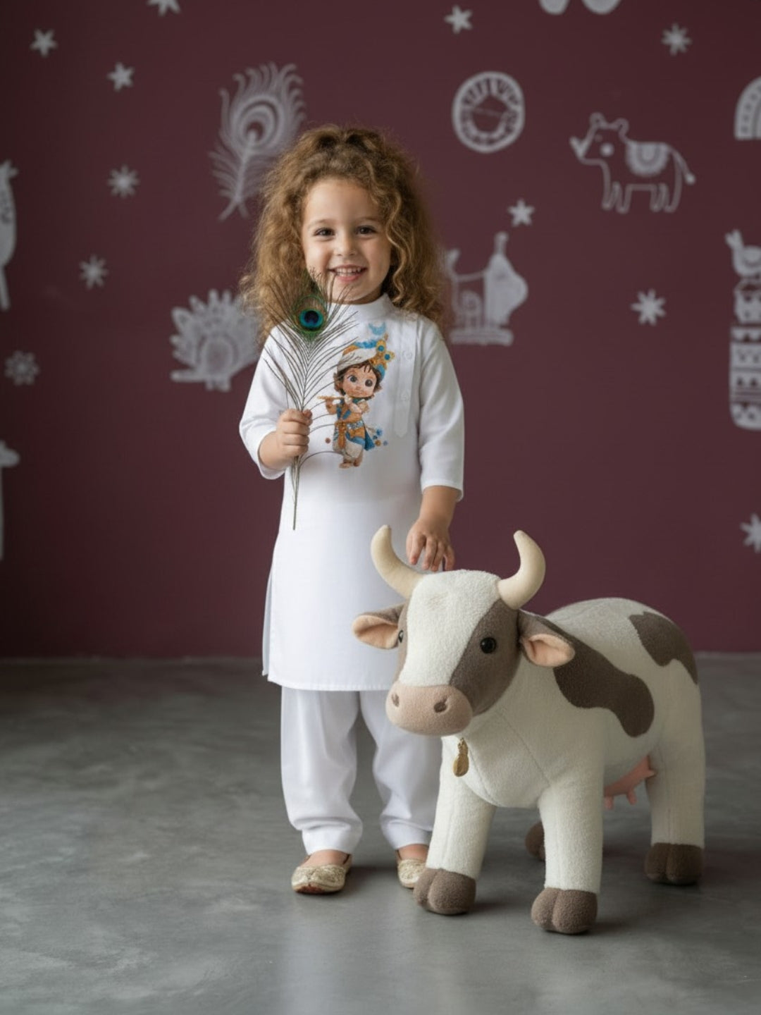 [DGKS-MGSP-B] Girls White Ethnic Motifs Printed Cotton Kurti Set