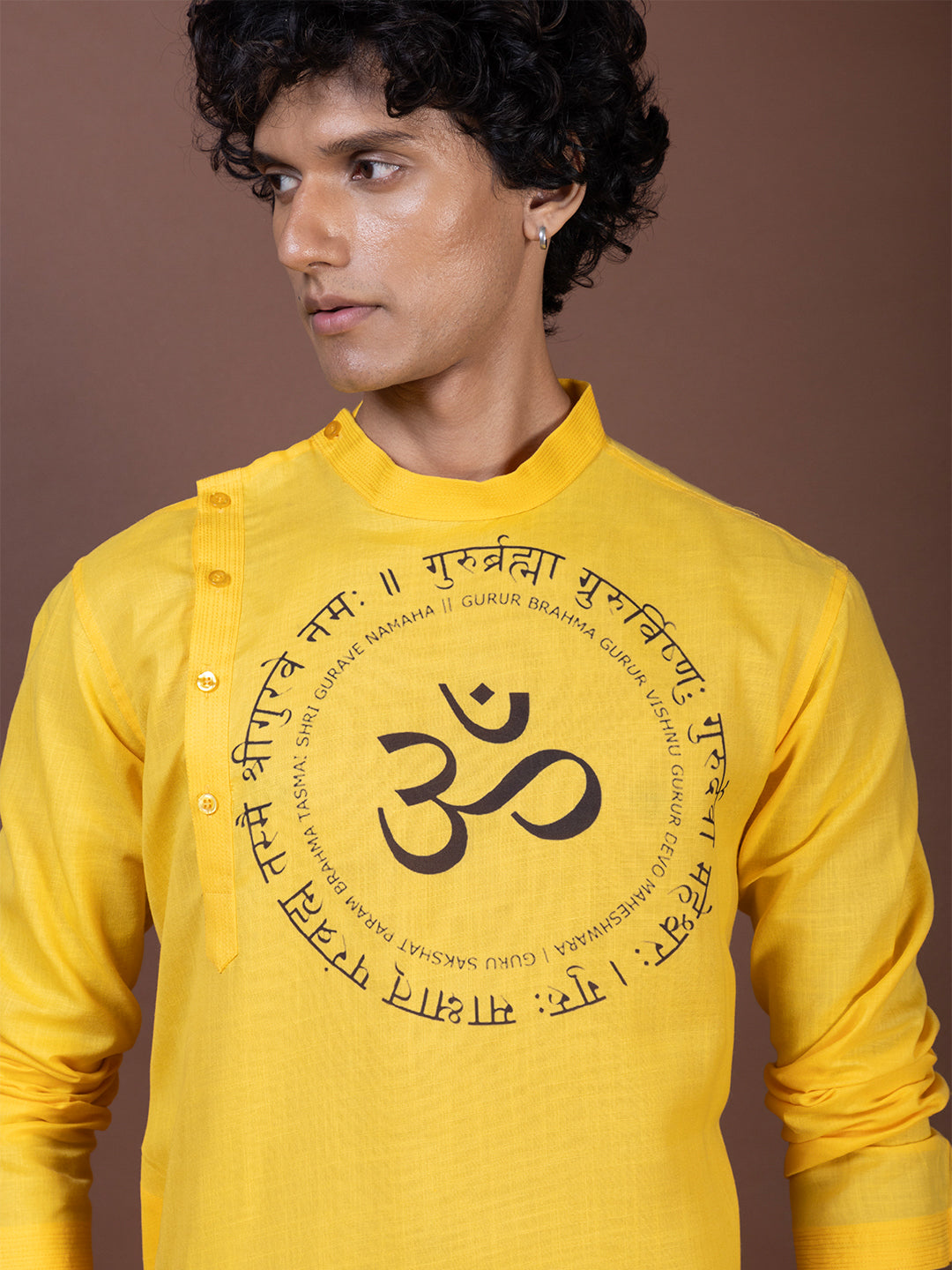 Mens Mustard Side Placket Printed Kurta-Pyjama Set