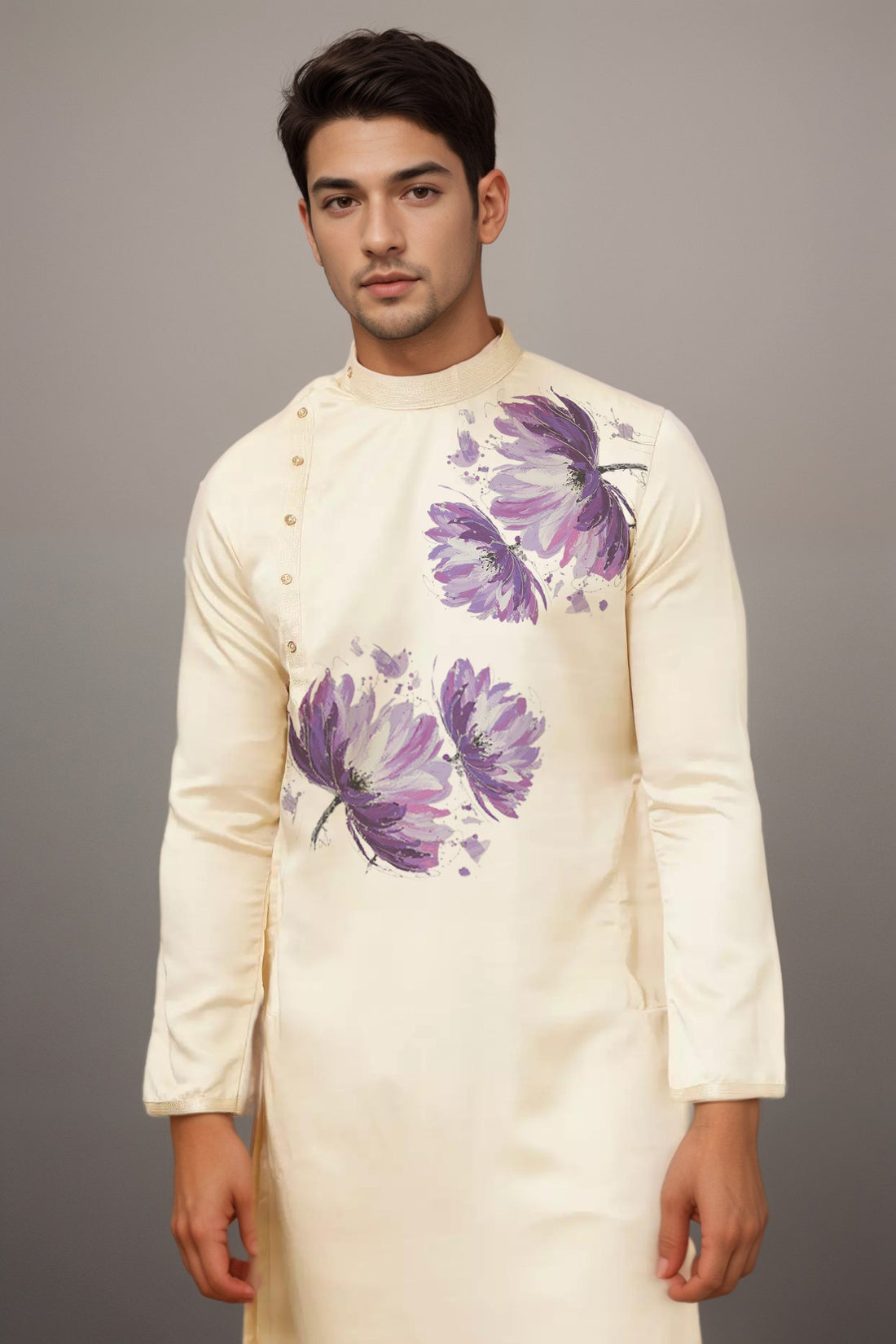 Floral Printed Thread Work Mandarin Collar Side Placket Cotton Straight Kurta With Pyjama Set