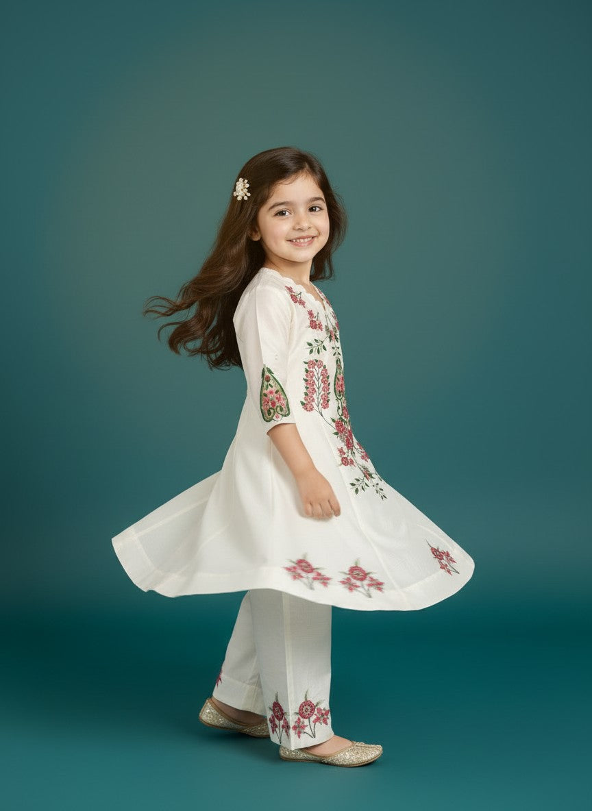 Girls' Off-White Art Silk Kurti Palazzo Set – Printed