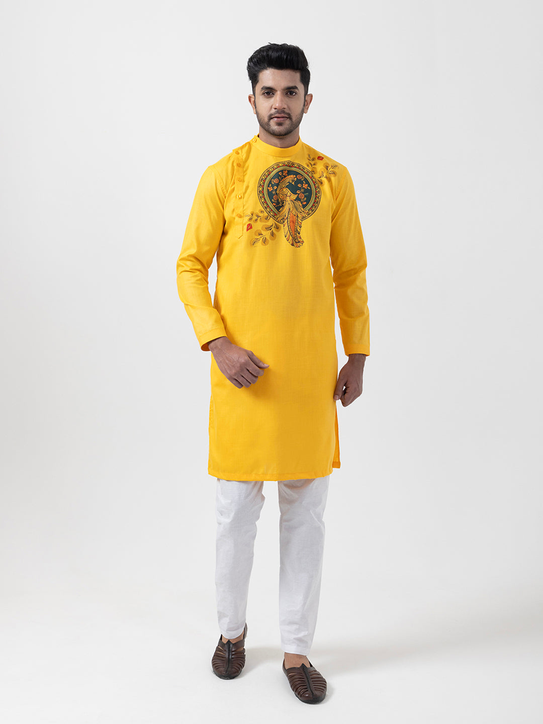 Mens Mustard Side Placket Printed Kurta-Pyjama Set