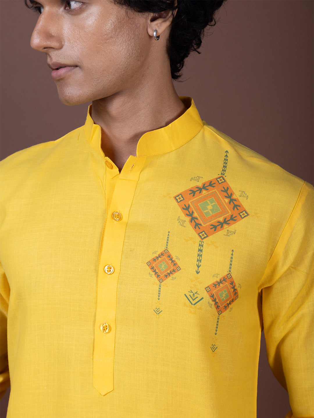 Mens Yellow Printed Kurta Pyjama Set
