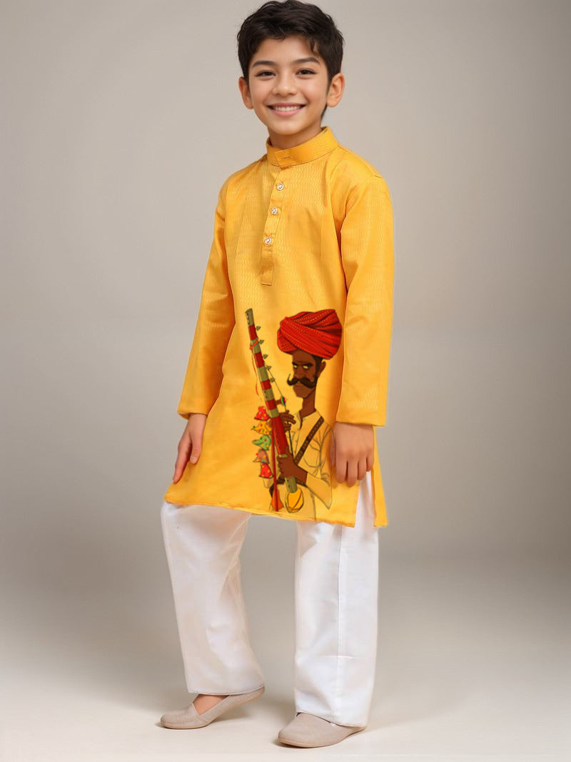 Boys Yellow Printed Kurta with Pyjama Set