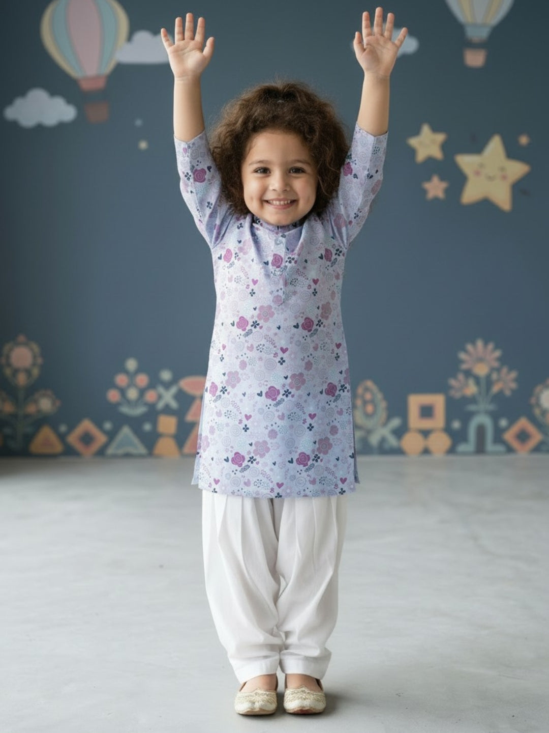 [DGKS-MGSP] Girls Sky Blue Ethnic Motifs Printed Cotton Kurti Set