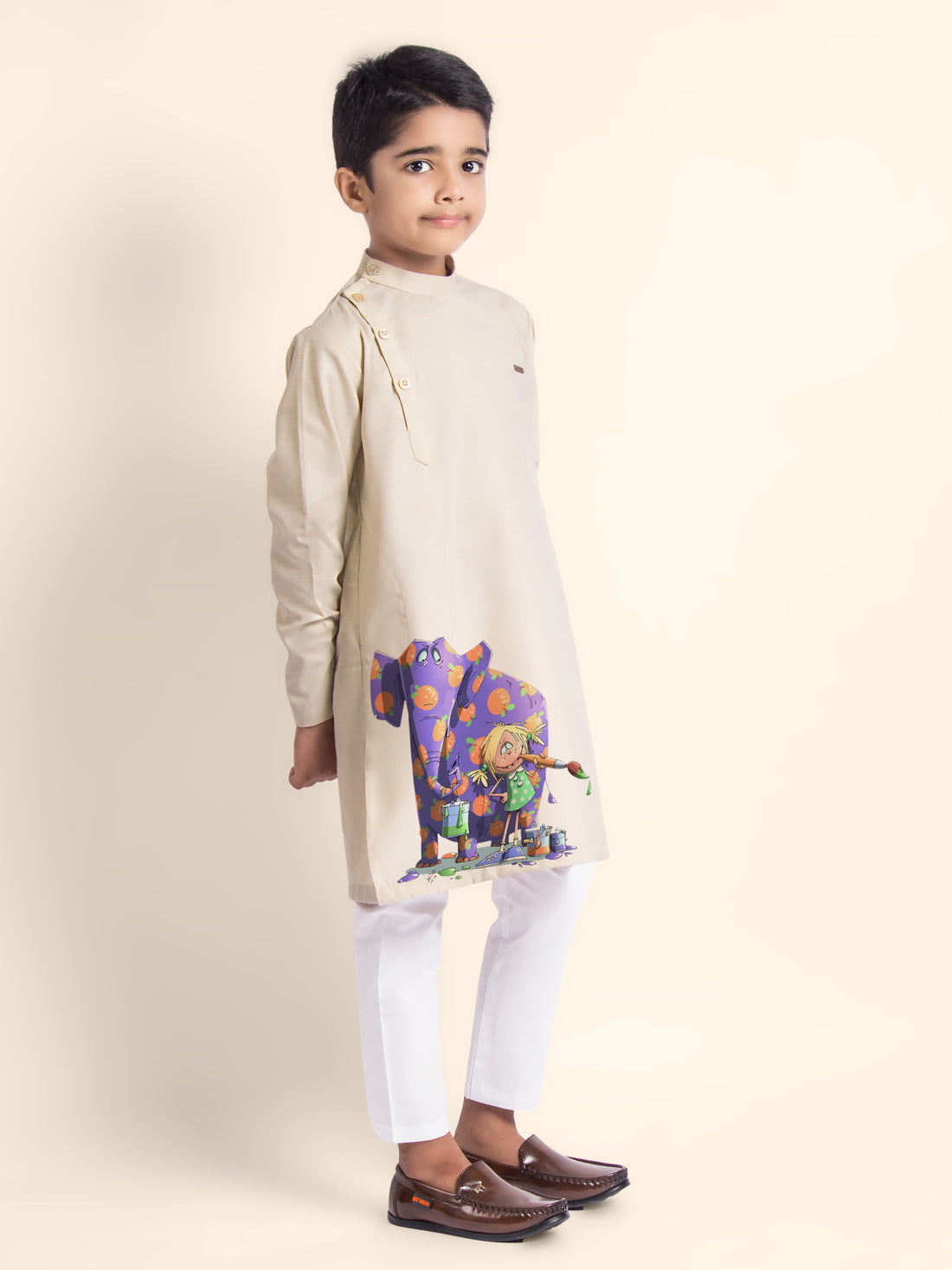 Boys Beige Printed Kurta With Pyjama