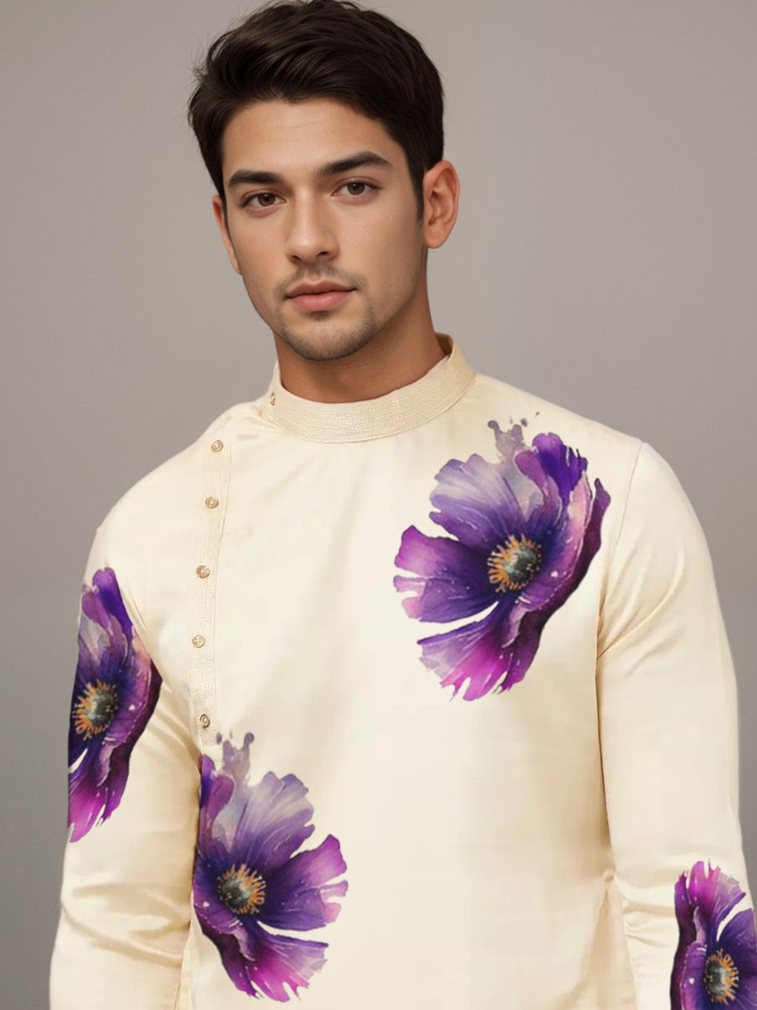 Floral Printed Thread Work Mandarin Collar Side Placket Cotton Straight Kurta With Pyjama Set