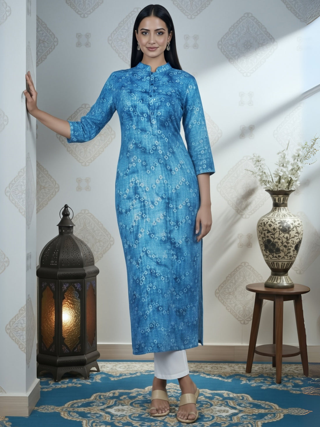 [DWKS-BN] Women Blue Bandhani Printed Cotton Kurti Set