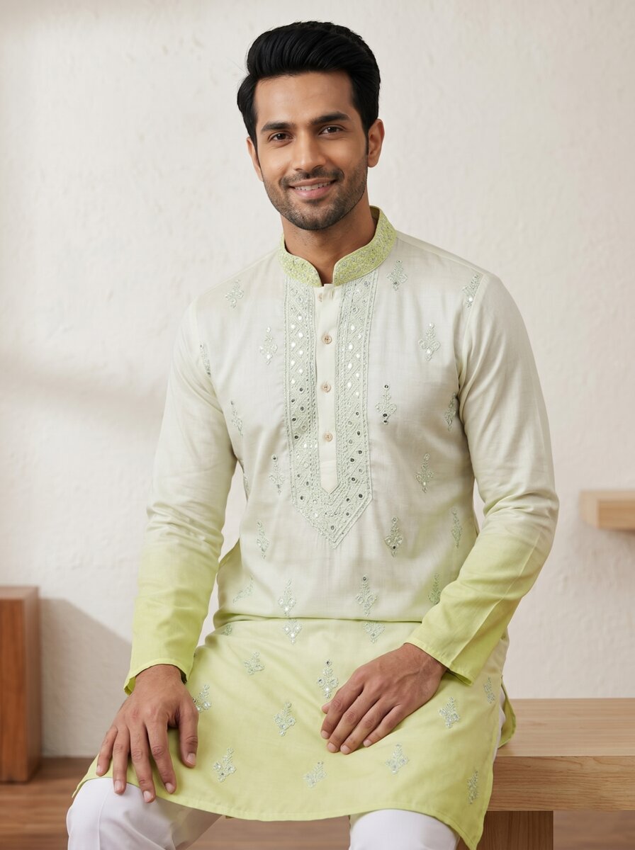 [NW] Men's Multi Colour Embroidered Cotton Silk Kurta Set