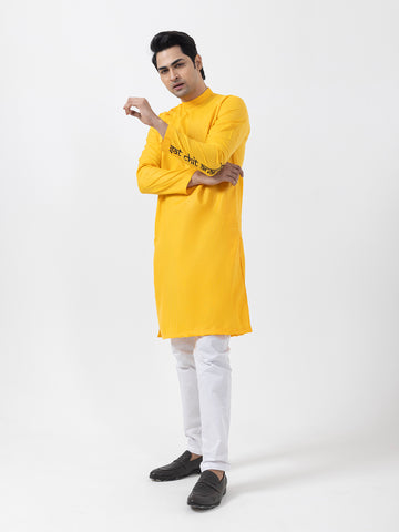 Mens Mustard Side Placket Printed Kurta-Pyjama Set