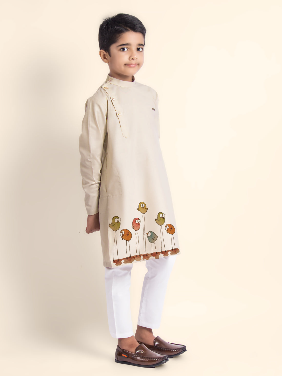 Boys Beige Printed Kurta With Pyjama