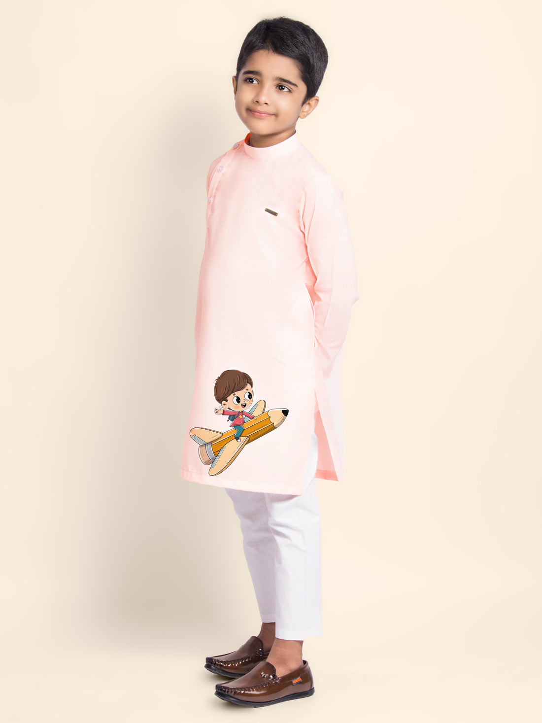 Boys Pink Cotton Kurta Pyjama with Print