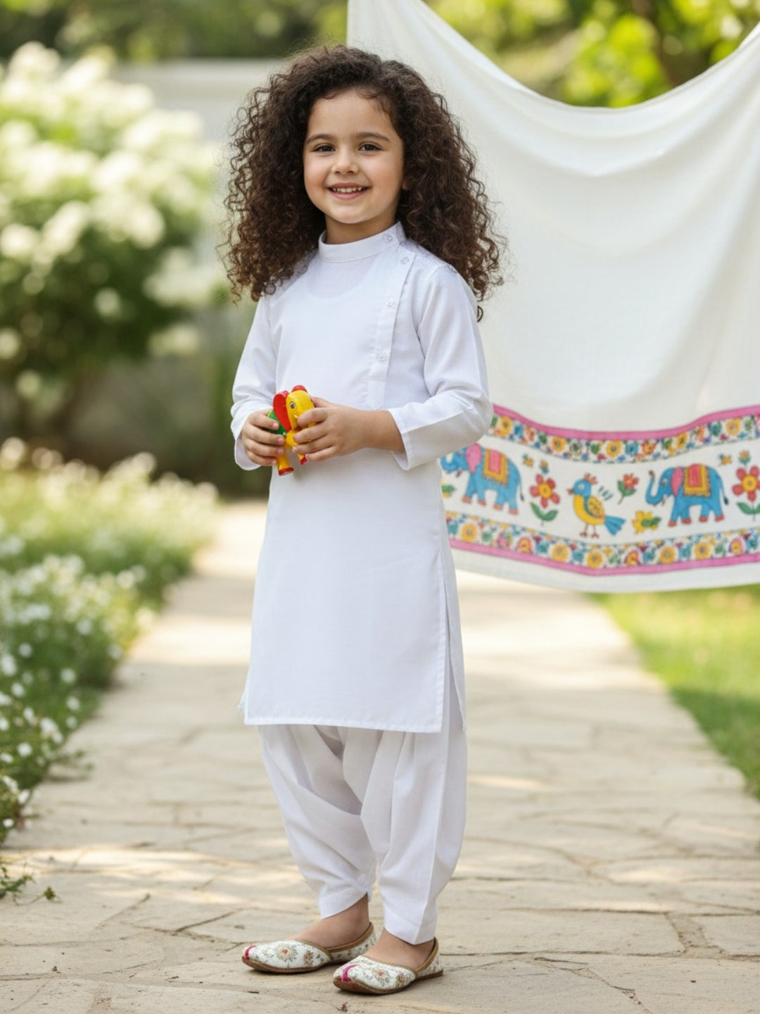 [DGKS-MG-B] Girls White Solid Side Placket cotton Kurti Set