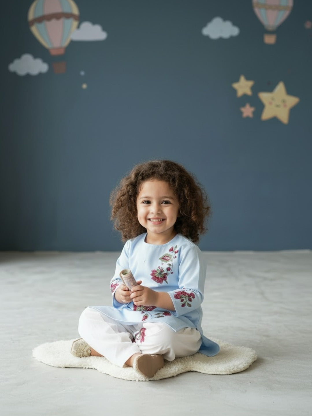 [DGKS-MGSP-RN] Girls Sky Blue Ethnic Motifs Printed Cotton Kurti Set