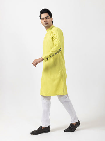 Mens Lime Green Side Placket Printed Kurta-Pyjama Set