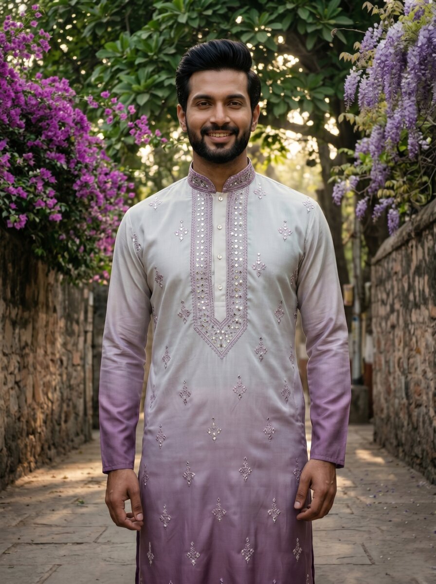 [NW] Men's Multi Colour Embroidered Cotton Silk Kurta Set