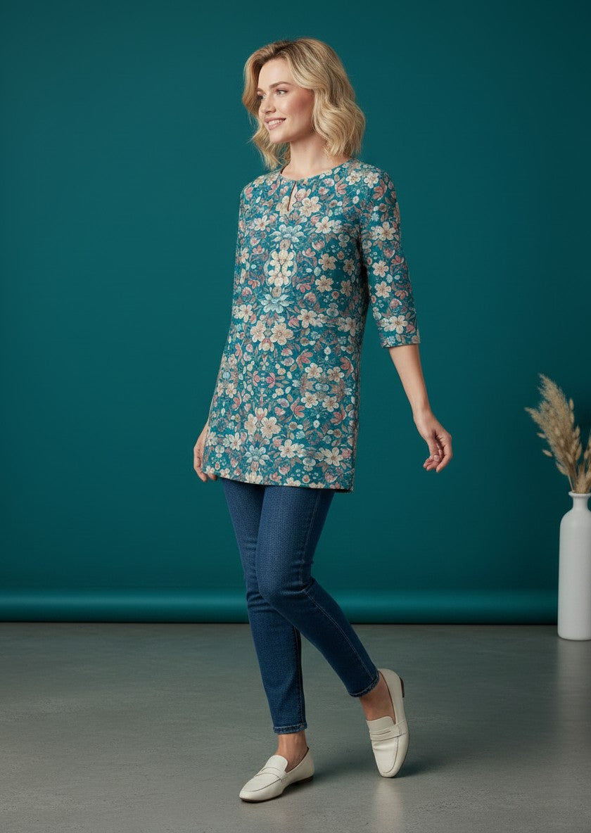 [DF-MGSP] Women Teal Blue Printed Cotton Tunic Top