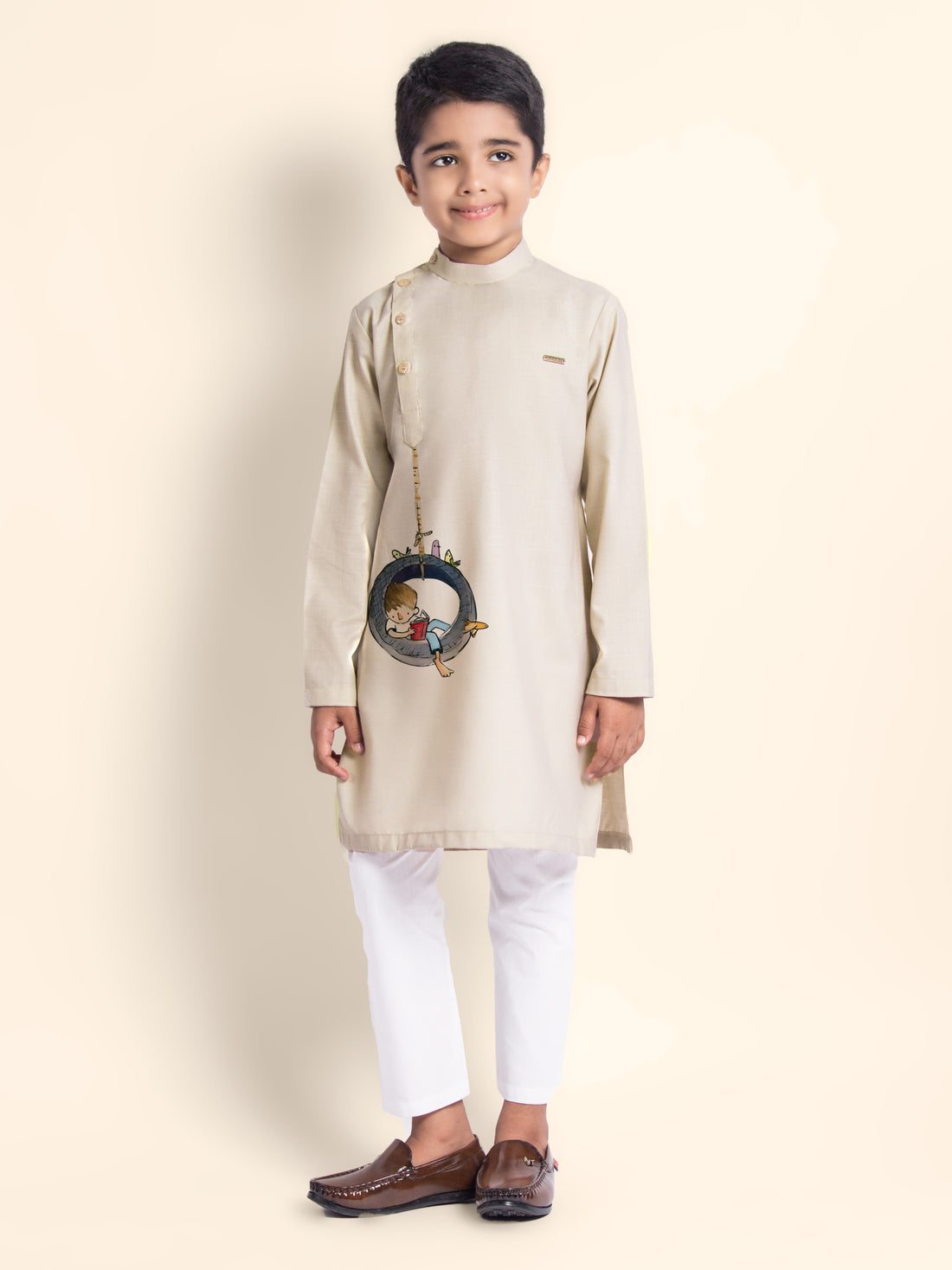 Boys Beige Printed Kurta With Pyjama