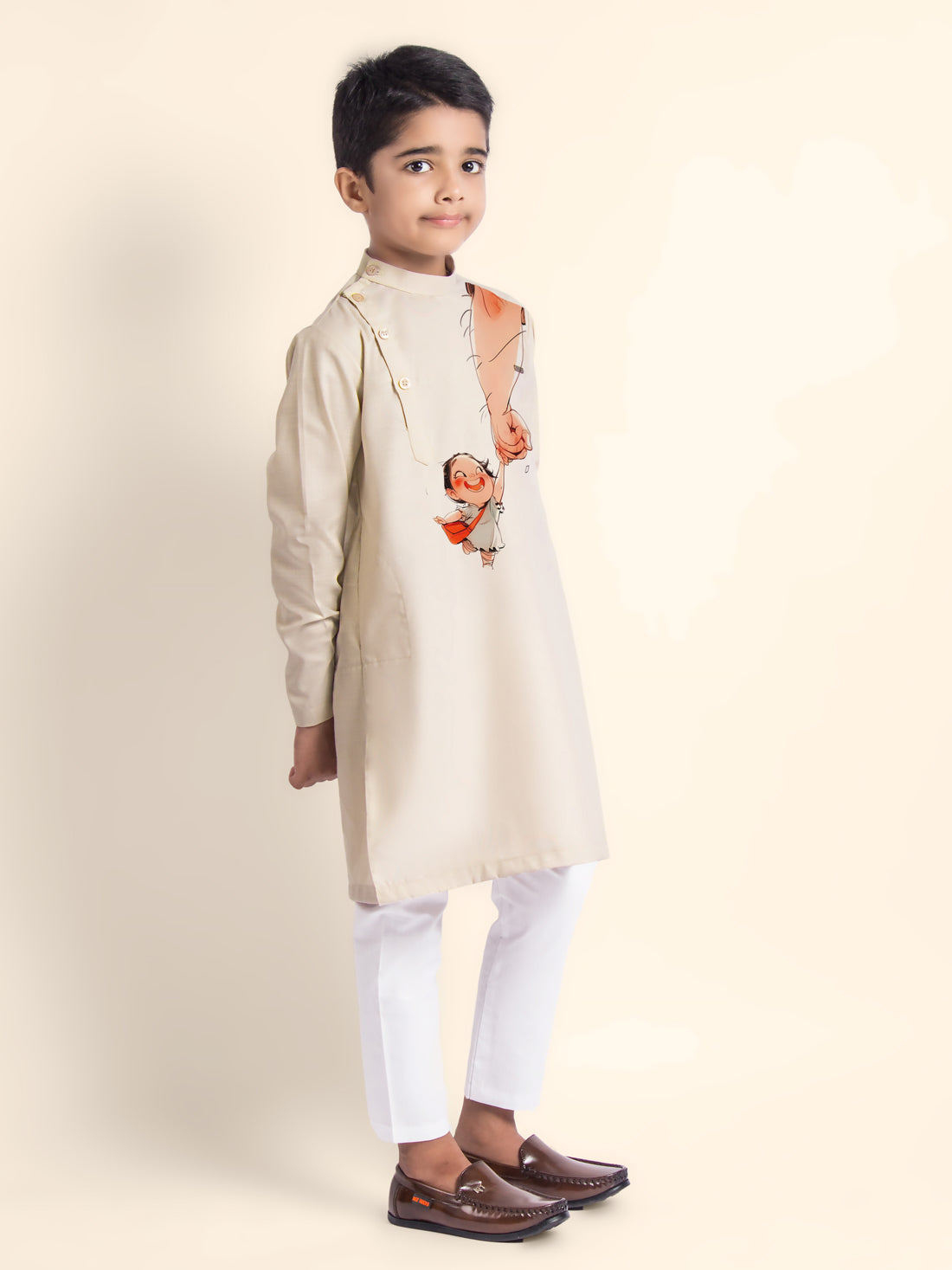 Boys Beige Printed Kurta With Pyjama