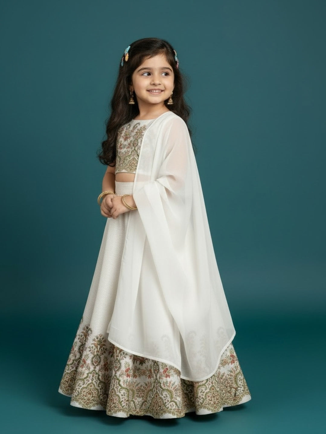 Girls' Off-White Art Silk Lehenga Set – Printed