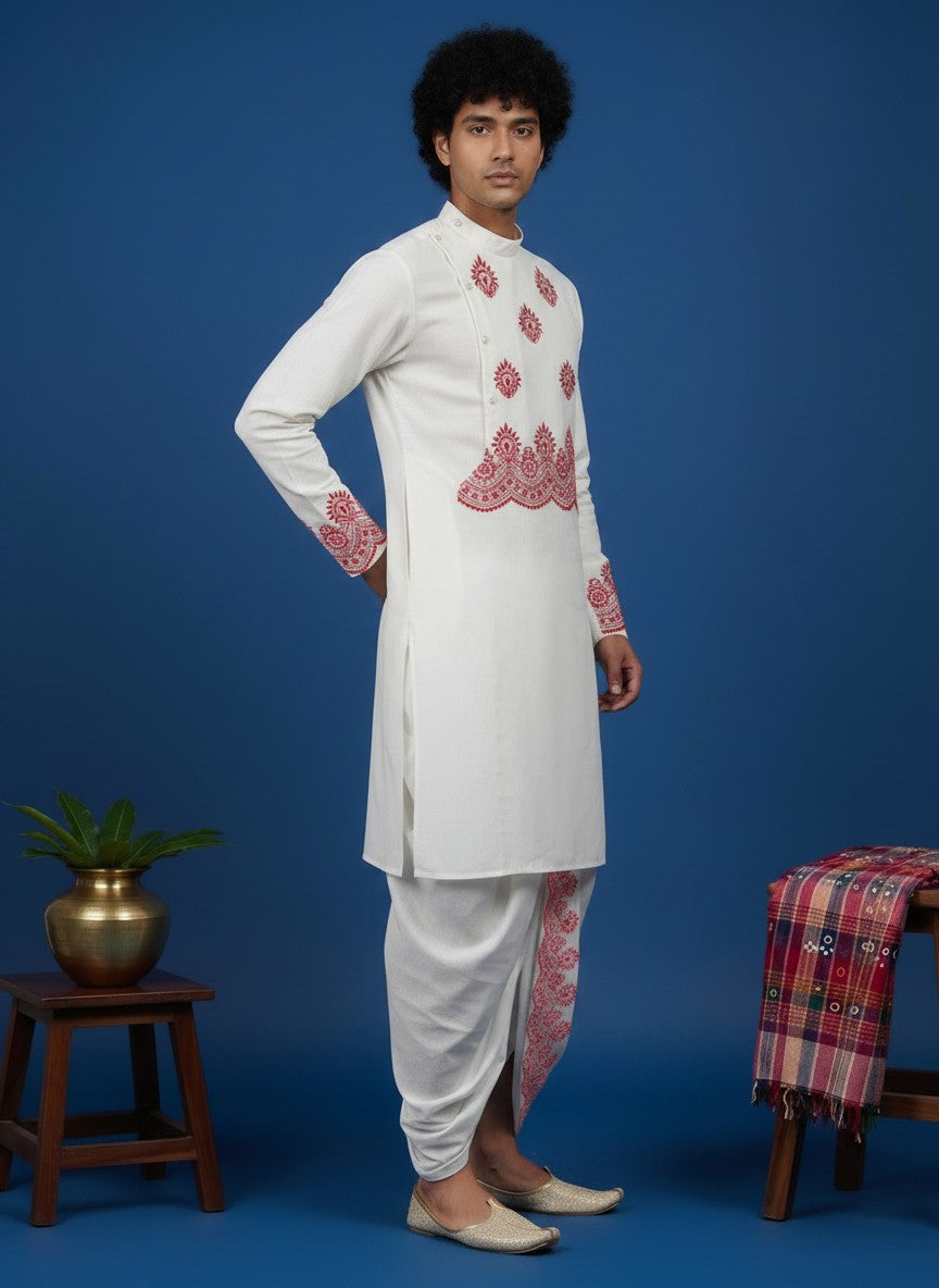 Men's White Cotton Kurta with Dhoti Set – Ethnic Print & Side Placket